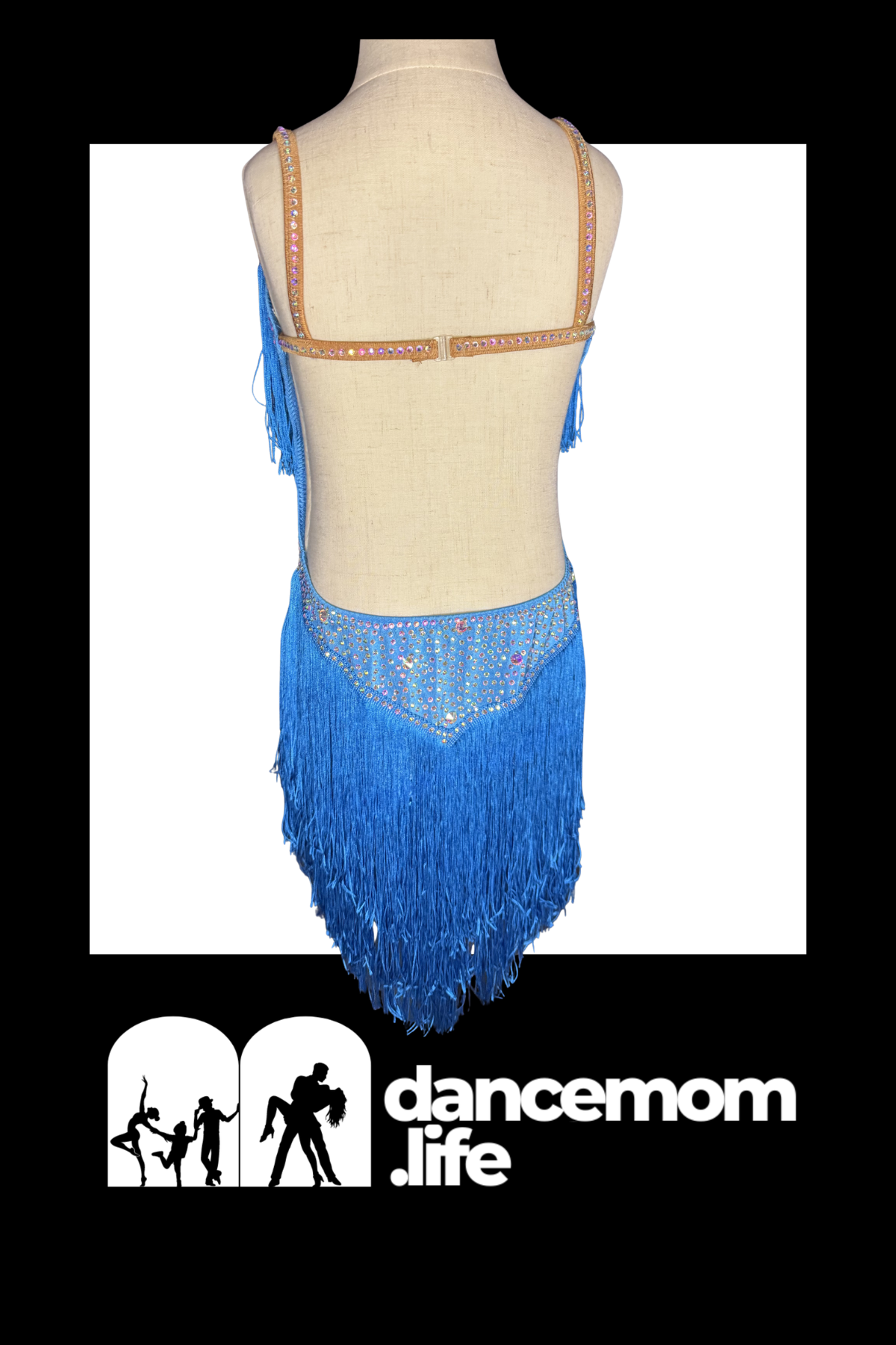 Ocean fringe dance costume with vibrant turquoise blue fringe, rhinestone bodice, and embellished gold shoulder straps