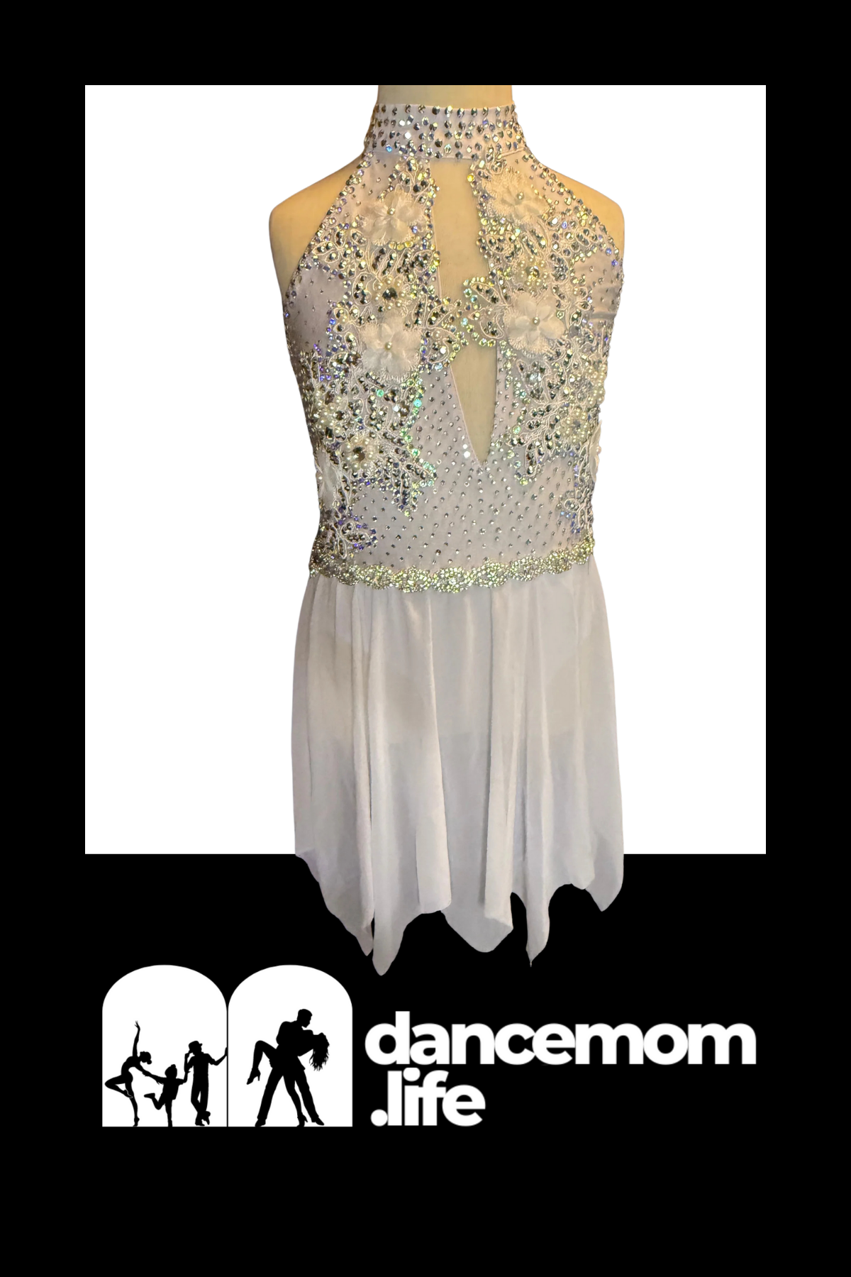 A shimmering silver and white dance leotard with intricate beaded floral patterns, a high neckline, and flowing chiffon skirt.