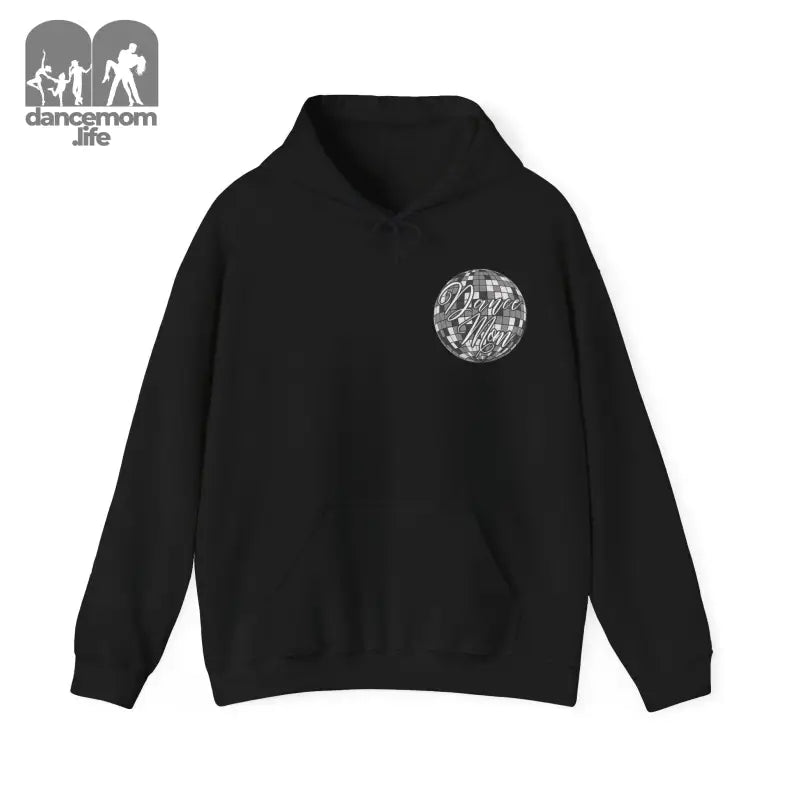 Black hoodie sweatshirt with a circular graphic design on the chest.