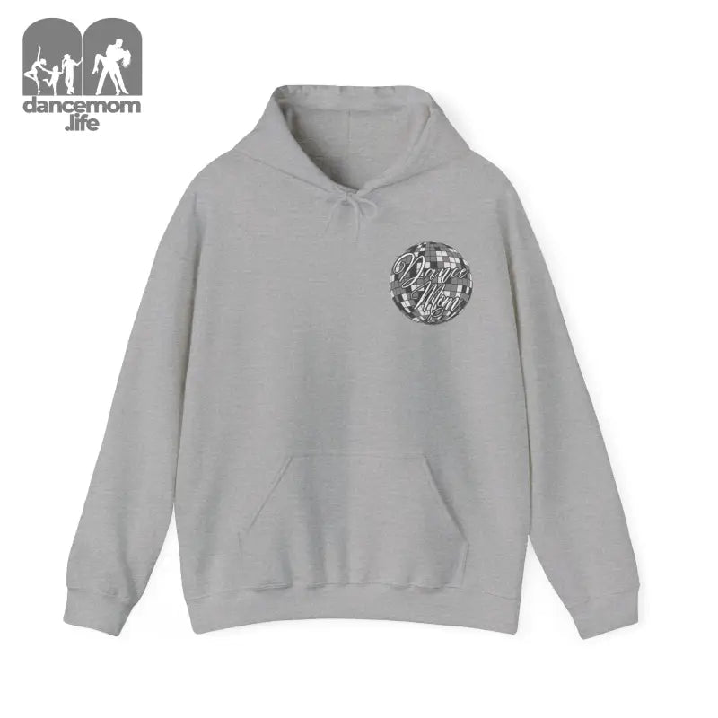 Light gray hooded sweatshirt with a circular graphic design on the chest.