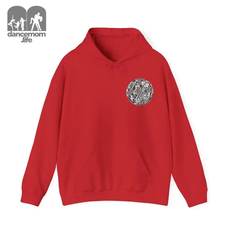 Red hoodie sweatshirt with a circular silver graphic design on the chest.