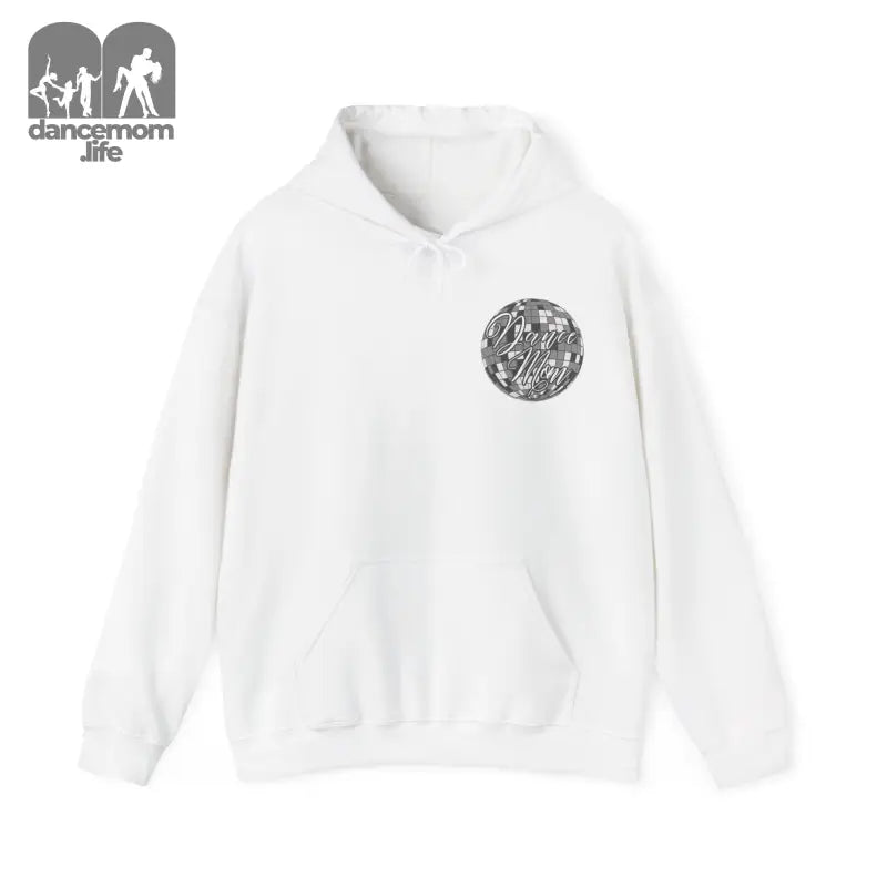 White hoodie sweatshirt with a circular black and white graphic design on the chest.