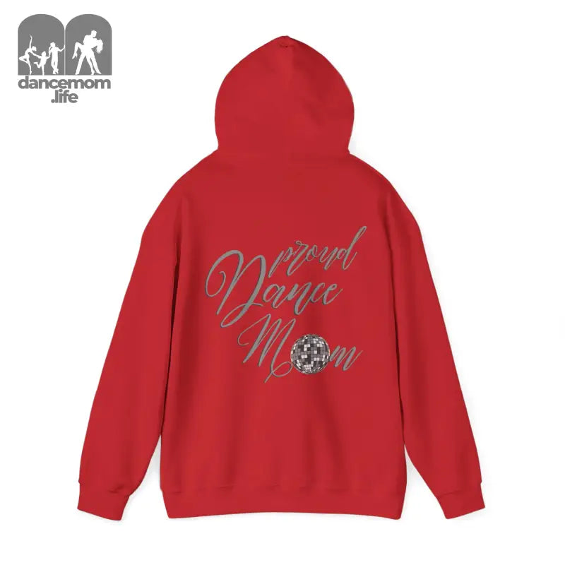 Red hoodie sweatshirt with silver text and a dice design on the back.