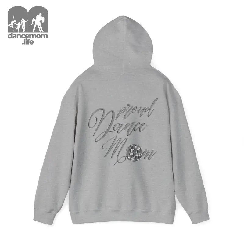 Gray hooded sweatshirt with ’Dance Mom’ text and a sparkly ball design on the back.