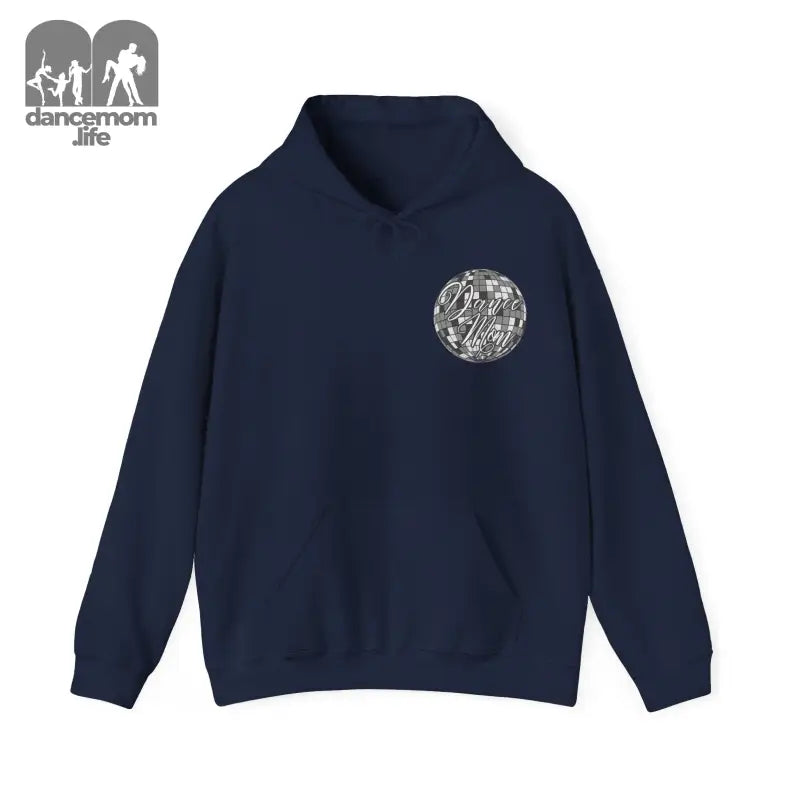 Navy blue hoodie sweatshirt with a circular grey logo patch on the chest.