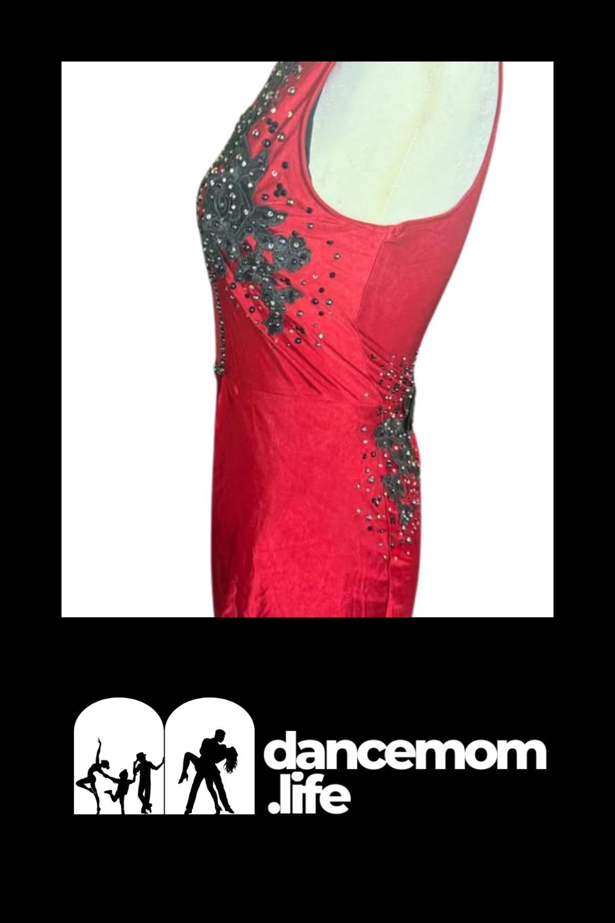 Red Dance Costume | Adult Medium Uneven Hem Dress with Black Rose Appliqués | Tango, Flamenco & Stage Performance - "Scarlet Tango"