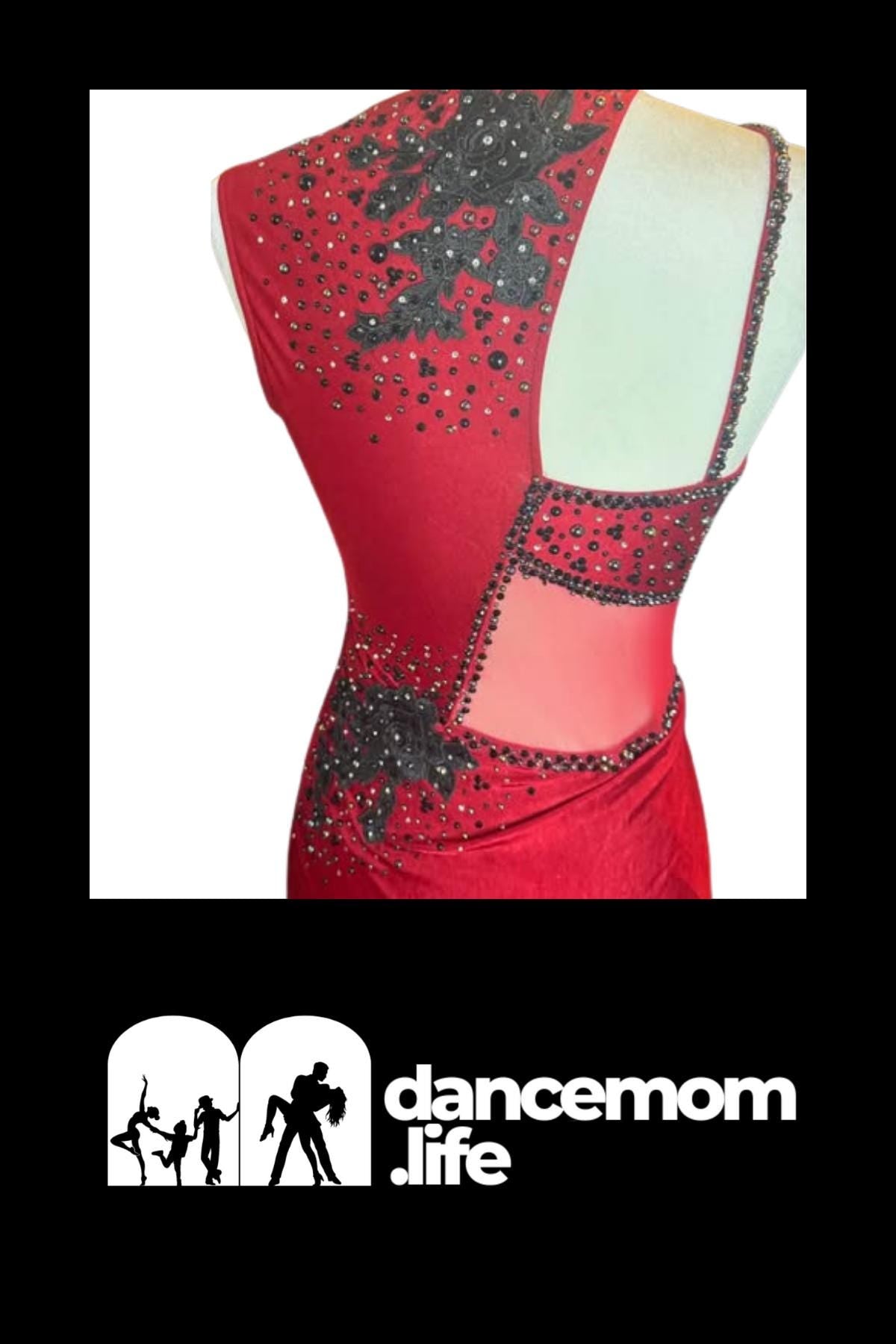 Red Dance Costume | Adult Medium Uneven Hem Dress with Black Rose Appliqués | Tango, Flamenco & Stage Performance - "Scarlet Tango"
