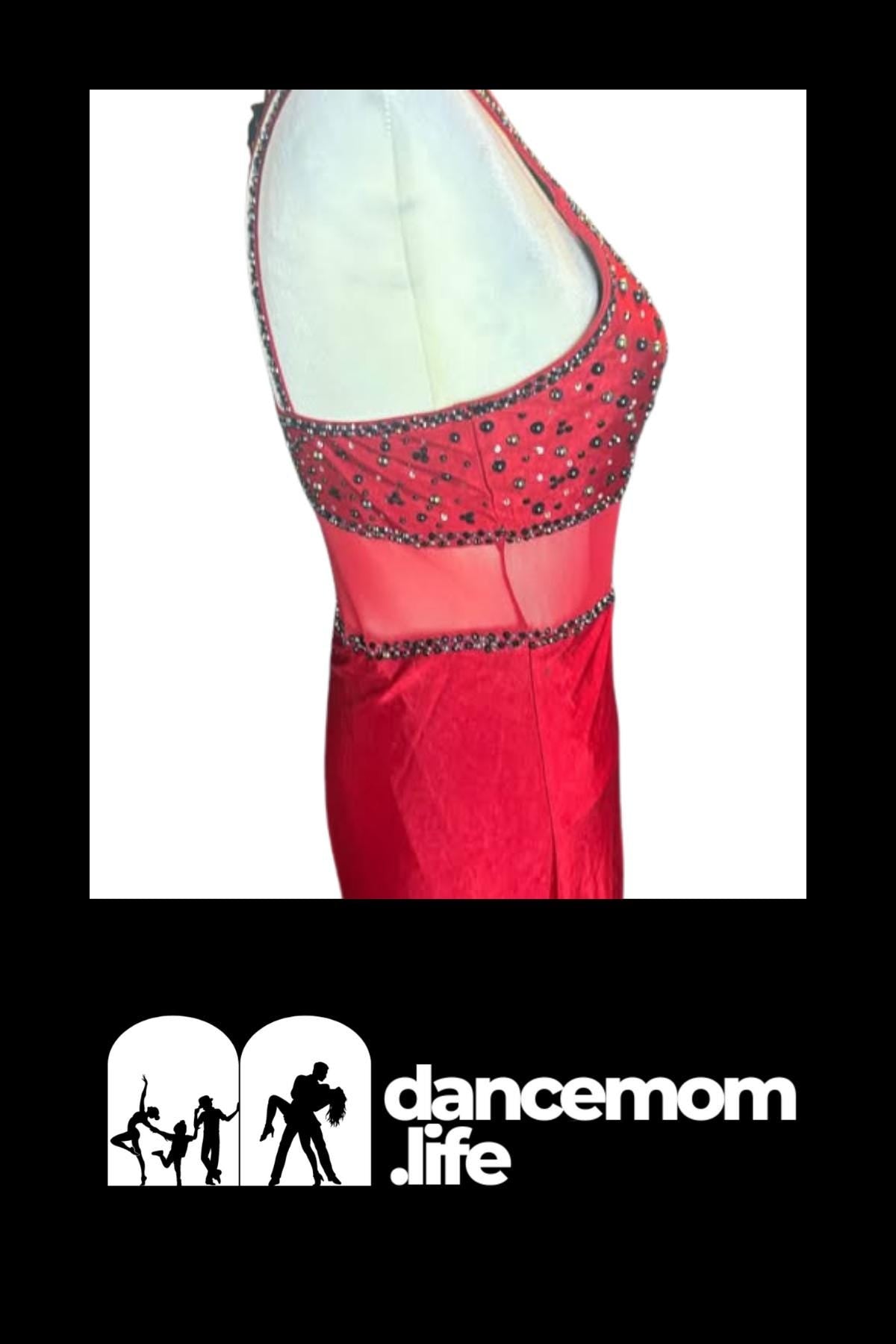 Red Dance Costume | Adult Medium Uneven Hem Dress with Black Rose Appliqués | Tango, Flamenco & Stage Performance - "Scarlet Tango"