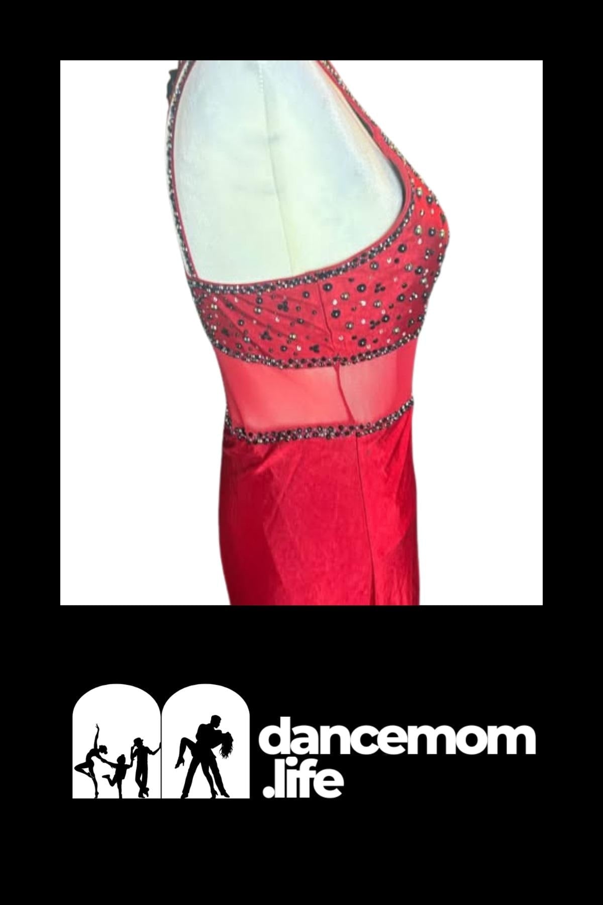 Red Dance Costume | Adult Medium Uneven Hem Dress with Black Rose Appliqués | Tango, Flamenco & Stage Performance - "Scarlet Tango"