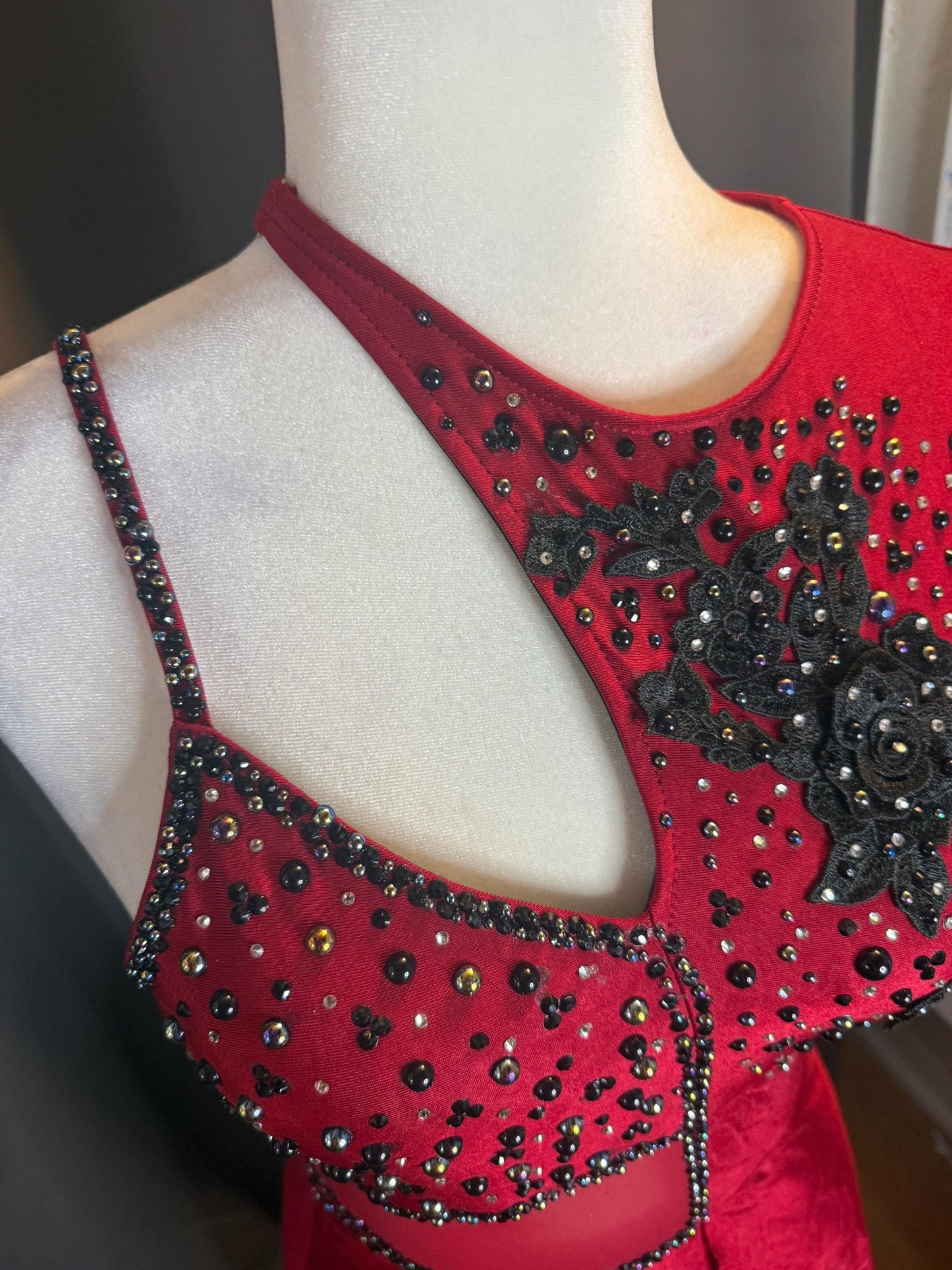 Red Dance Costume | Adult Medium Uneven Hem Dress with Black Rose Appliqués | Tango, Flamenco & Stage Performance - "Scarlet Tango"