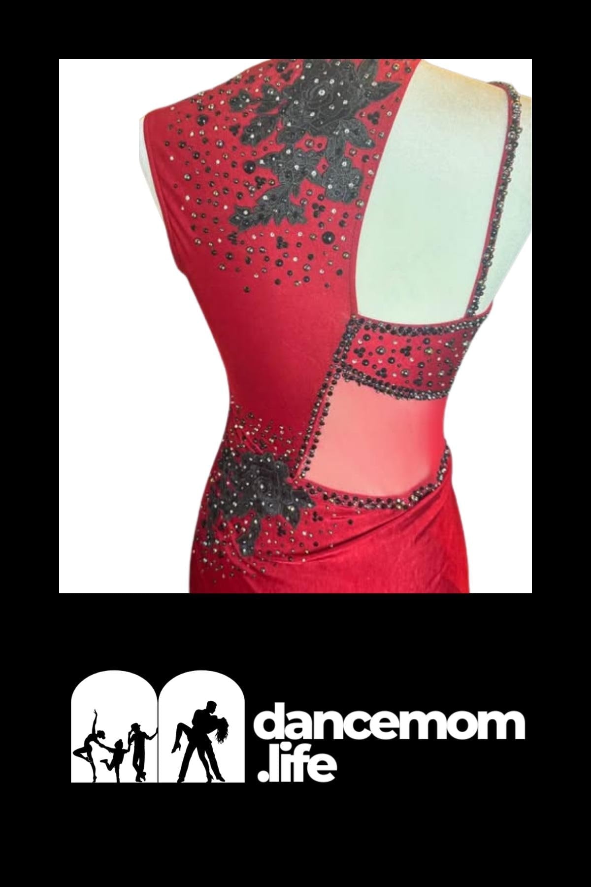 Red Dance Costume | Adult Medium Uneven Hem Dress with Black Rose Appliqués | Tango, Flamenco & Stage Performance - "Scarlet Tango"