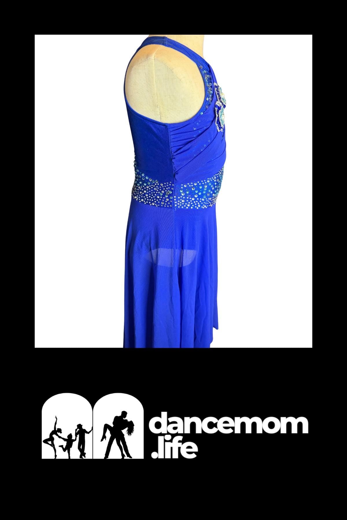 Royal Blue Lyrical Dance Costume Rhinestone Floral Appliqués & Chiffon Skirt | Girls Size 8 | Contemporary Competition  - "Sapphire Breeze"