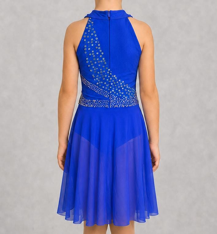 Royal Blue Lyrical Dance Costume Rhinestone Floral Appliqués & Chiffon Skirt | Girls Size 8 | Contemporary Competition  - "Sapphire Breeze"