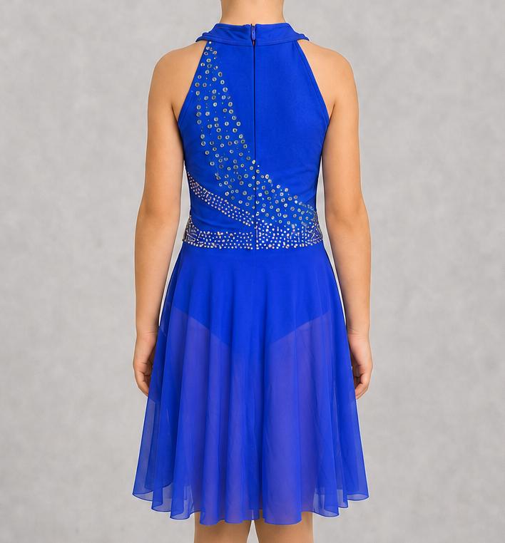 Royal Blue Lyrical Dance Costume Rhinestone Floral Appliqués & Chiffon Skirt | Girls Size 8 | Contemporary Competition  - "Sapphire Breeze"
