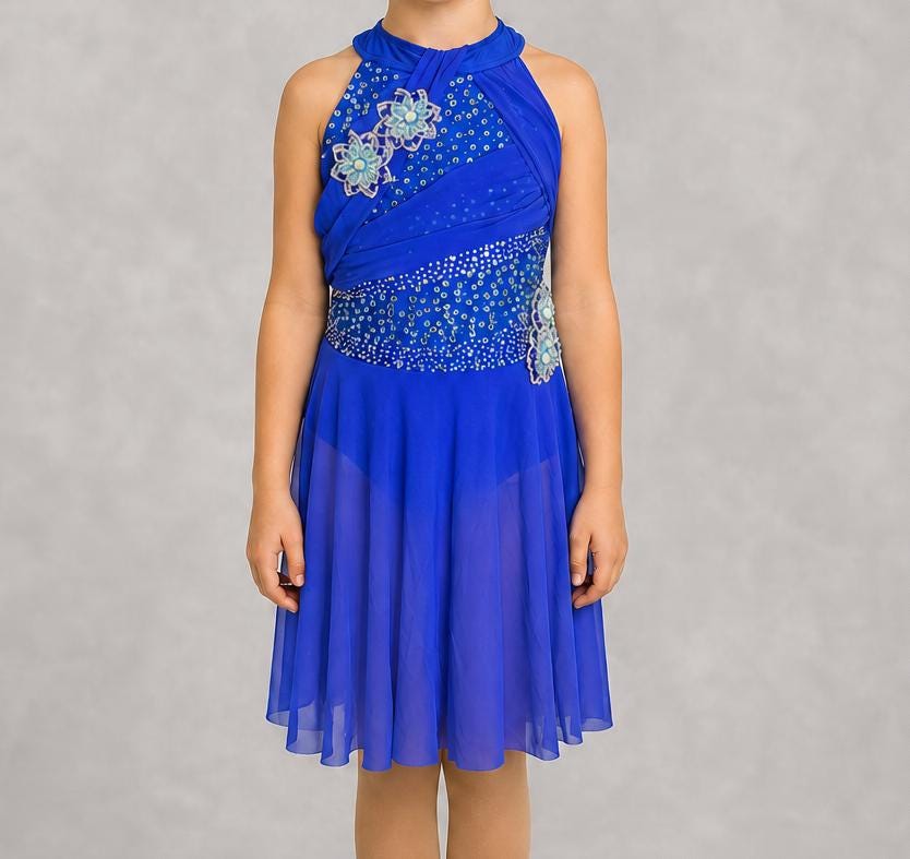 Royal Blue Lyrical Dance Costume Rhinestone Floral Appliqués & Chiffon Skirt | Girls Size 8 | Contemporary Competition  - "Sapphire Breeze"