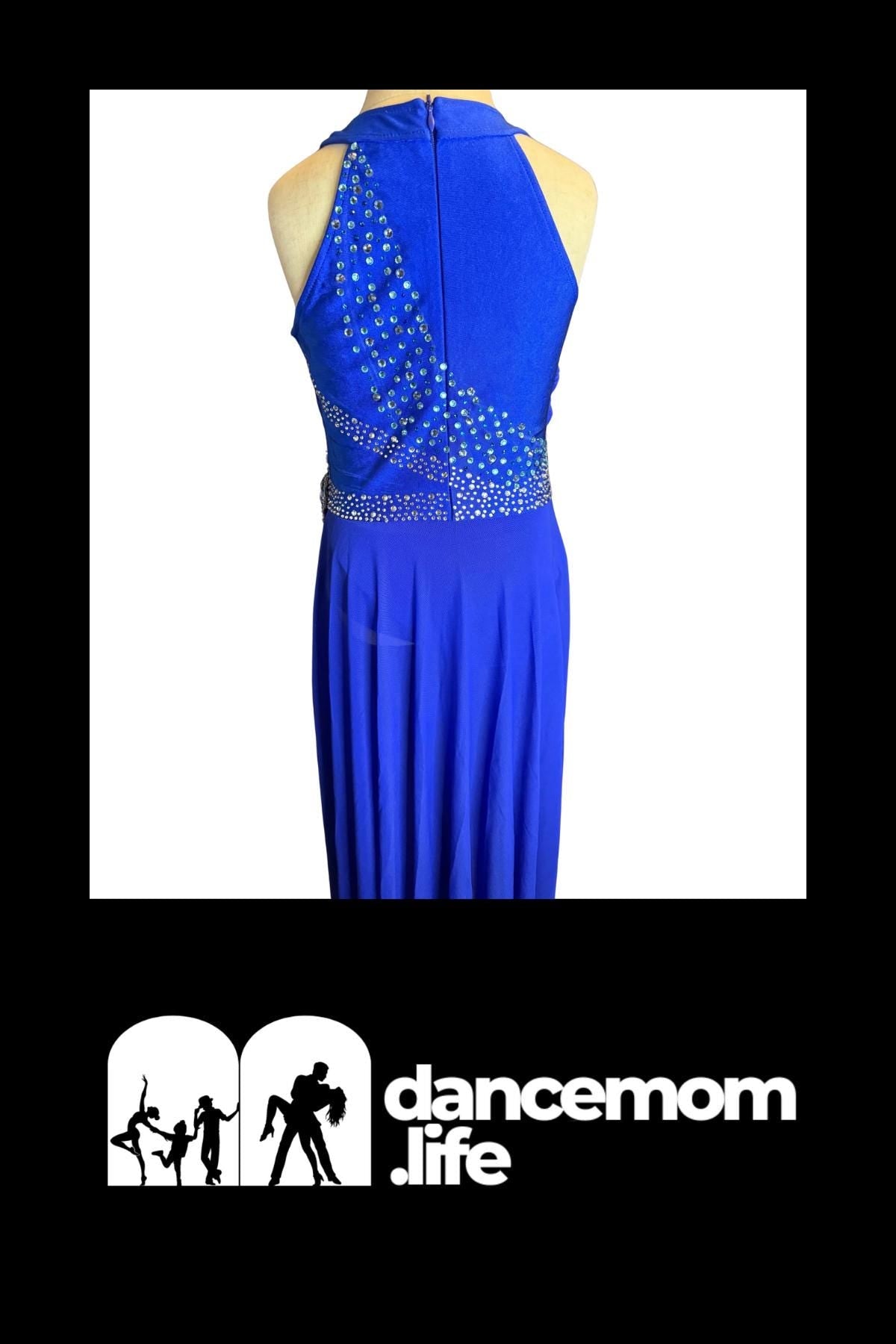 Royal Blue Lyrical Dance Costume Rhinestone Floral Appliqués & Chiffon Skirt | Girls Size 8 | Contemporary Competition  - "Sapphire Breeze"