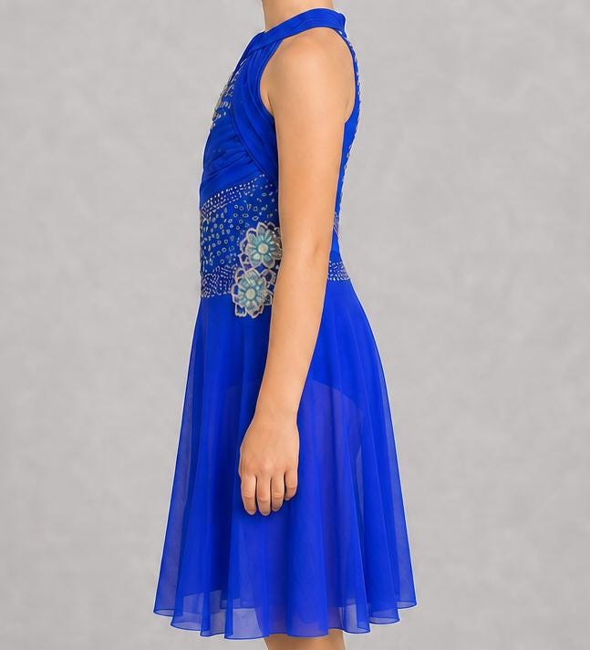 Royal Blue Lyrical Dance Costume Rhinestone Floral Appliqués & Chiffon Skirt | Girls Size 8 | Contemporary Competition  - "Sapphire Breeze"