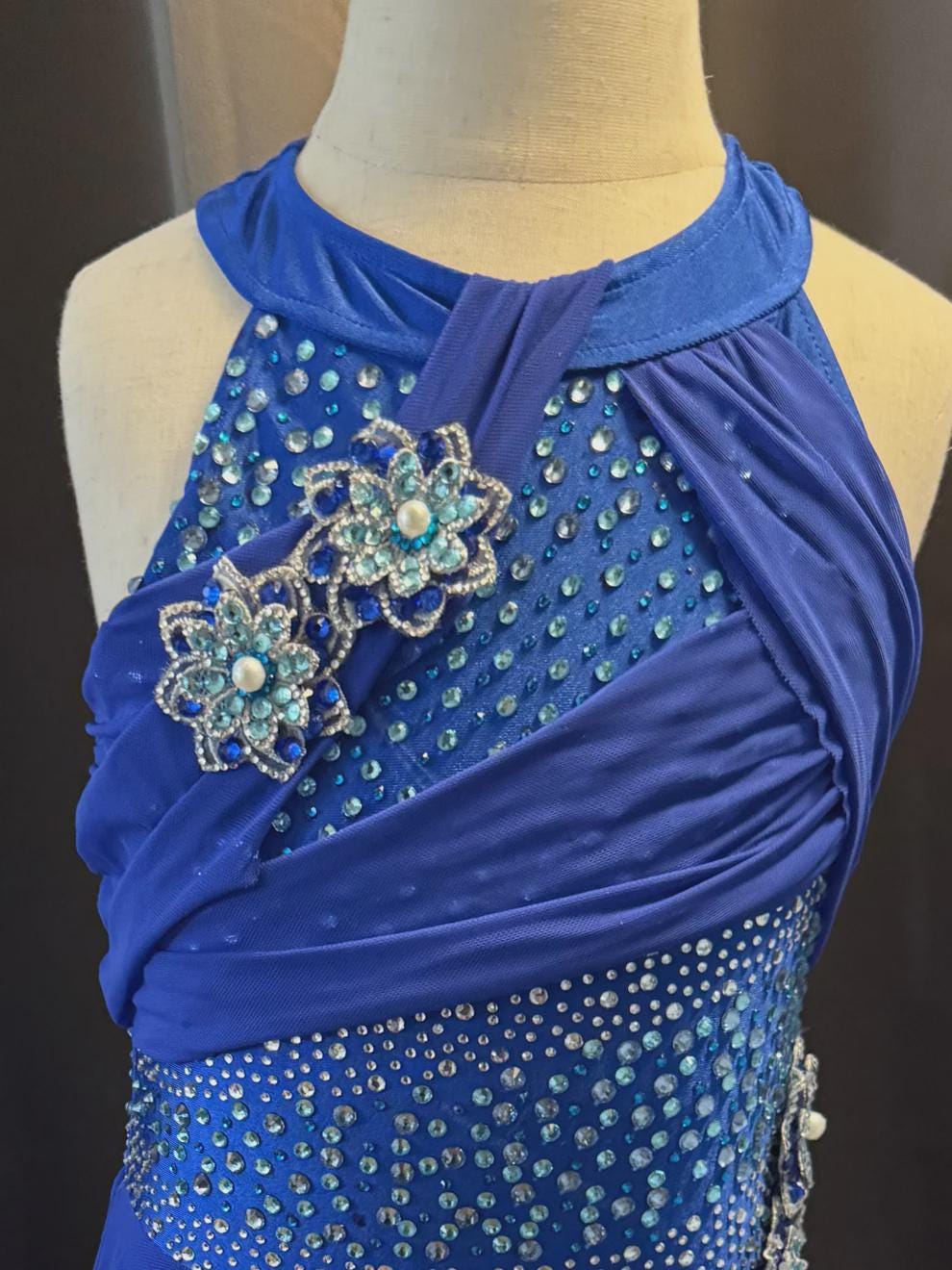 Royal Blue Lyrical Dance Costume Rhinestone Floral Appliqués & Chiffon Skirt | Girls Size 8 | Contemporary Competition  - "Sapphire Breeze"