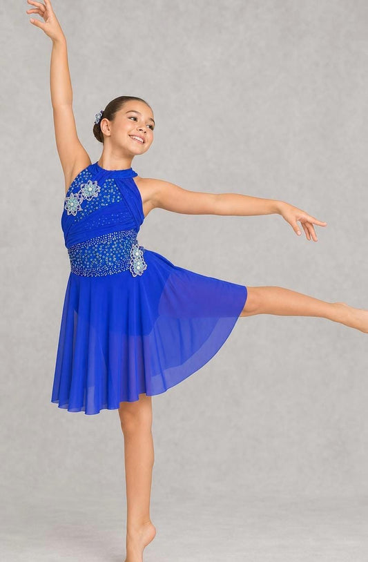 Royal Blue Lyrical Dance Costume Rhinestone Floral Appliqués & Chiffon Skirt | Girls Size 8 | Contemporary Competition  - "Sapphire Breeze"