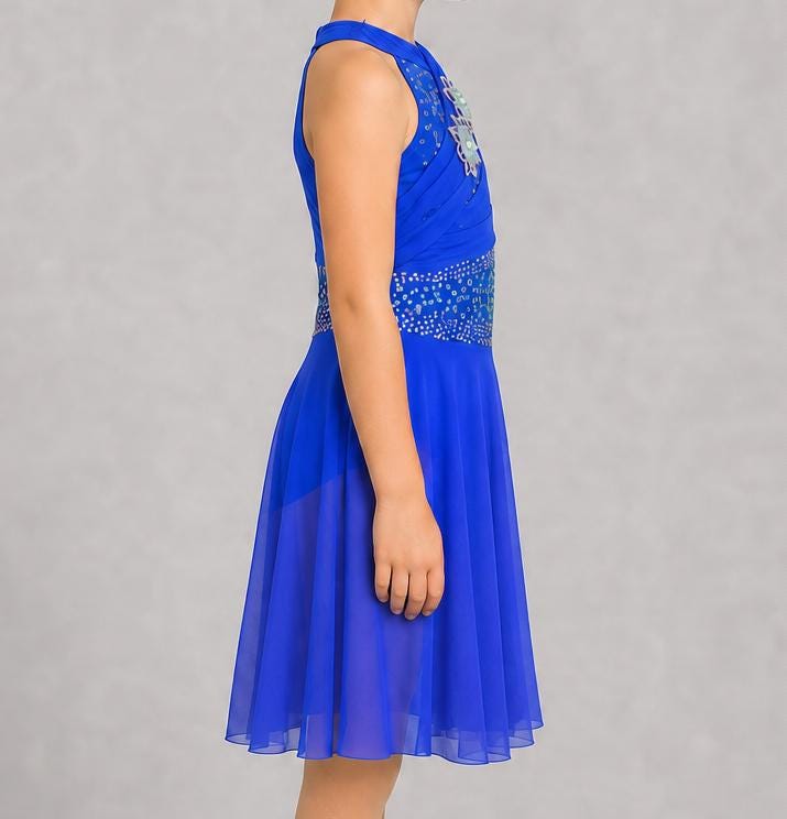 Royal Blue Lyrical Dance Costume Rhinestone Floral Appliqués & Chiffon Skirt | Girls Size 8 | Contemporary Competition  - "Sapphire Breeze"
