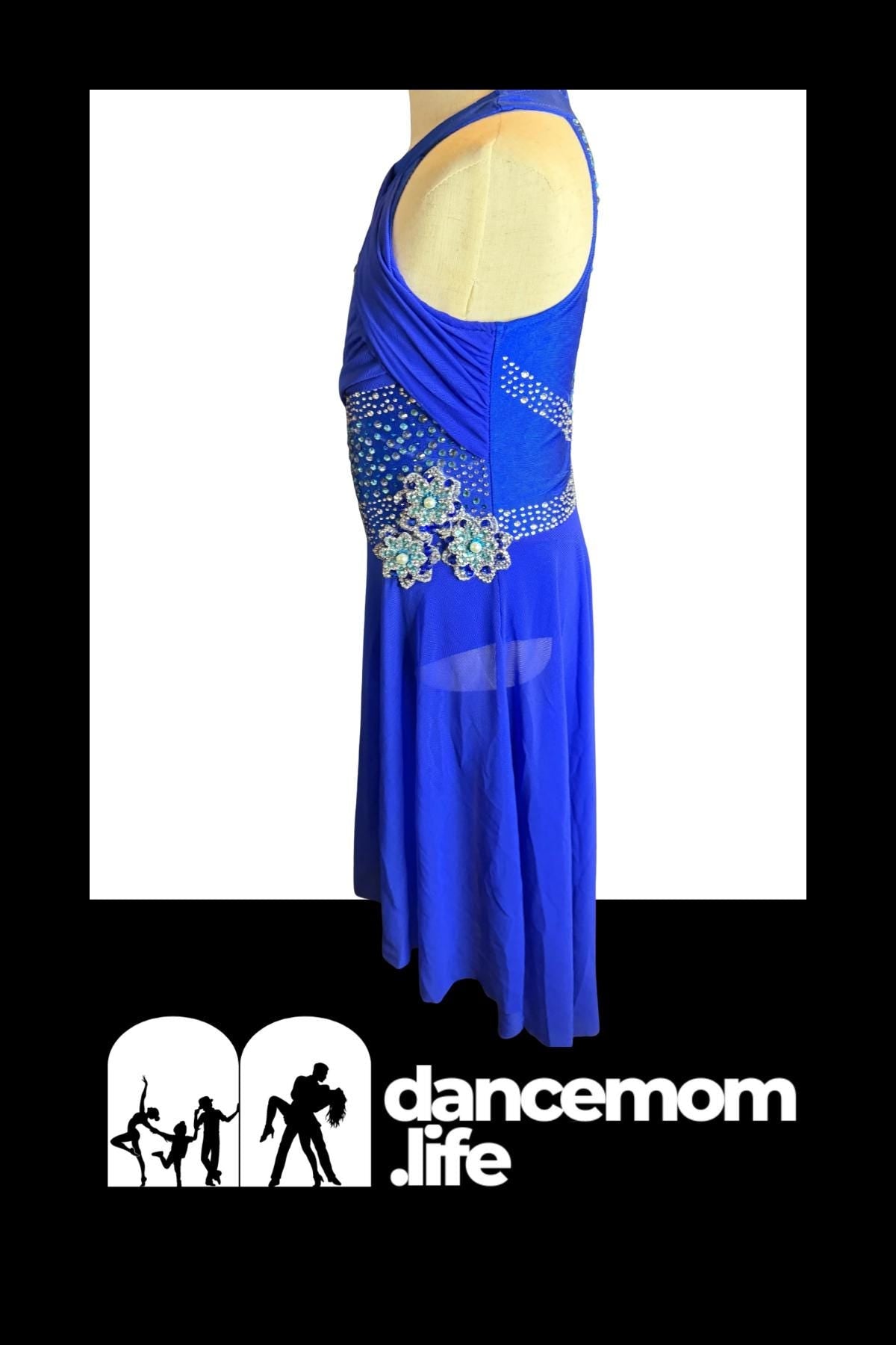 Royal Blue Lyrical Dance Costume Rhinestone Floral Appliqués & Chiffon Skirt | Girls Size 8 | Contemporary Competition  - "Sapphire Breeze"