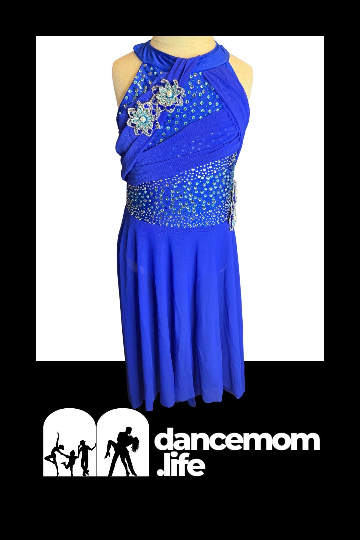 Royal Blue Lyrical Dance Costume Rhinestone Floral Appliqués & Chiffon Skirt | Girls Size 8 | Contemporary Competition  - "Sapphire Breeze"