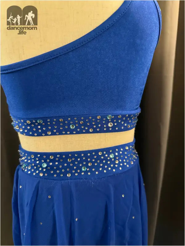 Blue, jeweled dance dress.