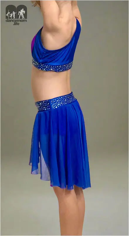 Blue two-piece dance costume with sparkly embellishments.