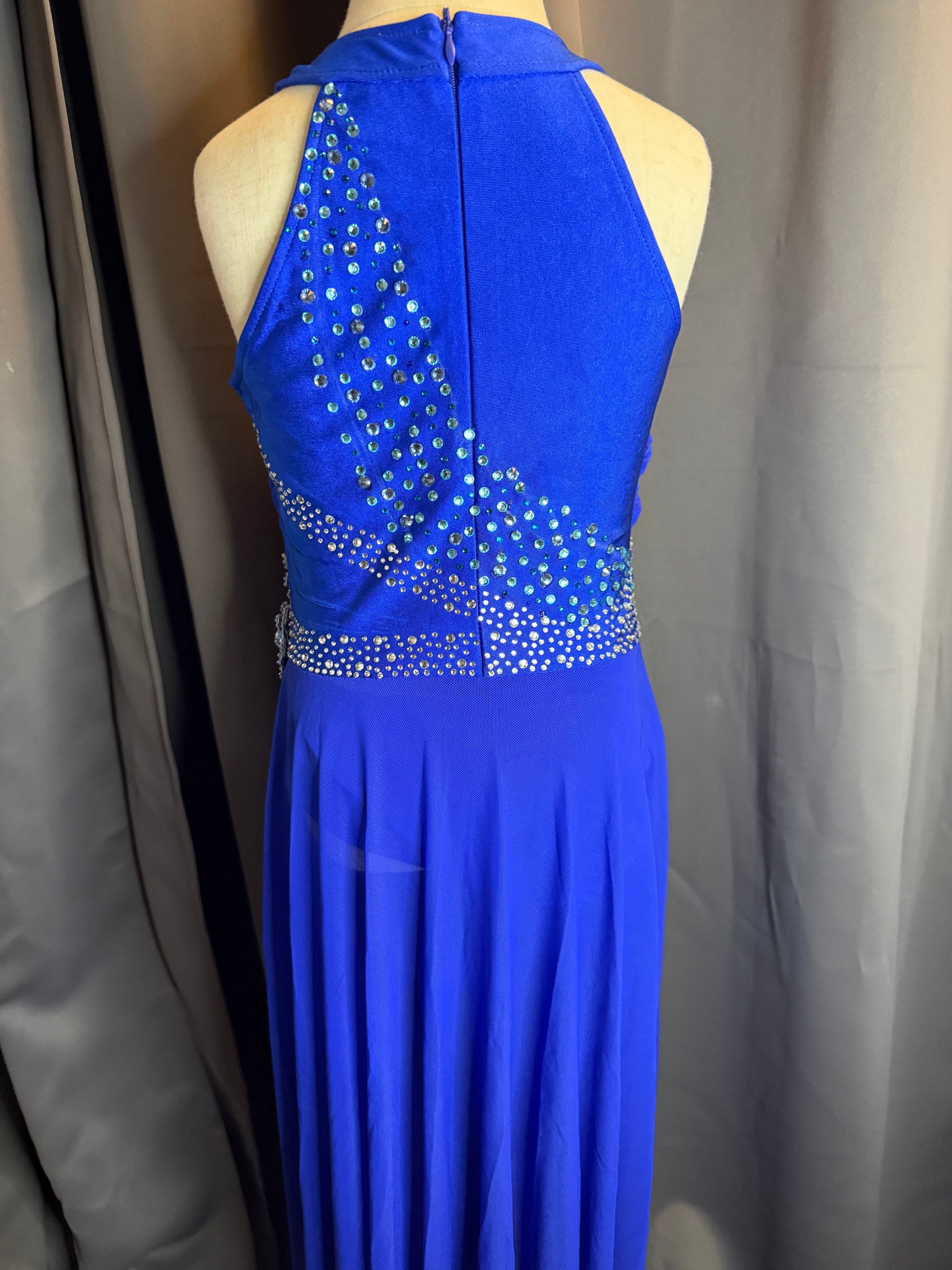 Sapphire Breeze – Royal Blue Lyrical Dance Costume with Teal & Clear Rhinestones Floral Accents and Sheer Chiffon Skirt