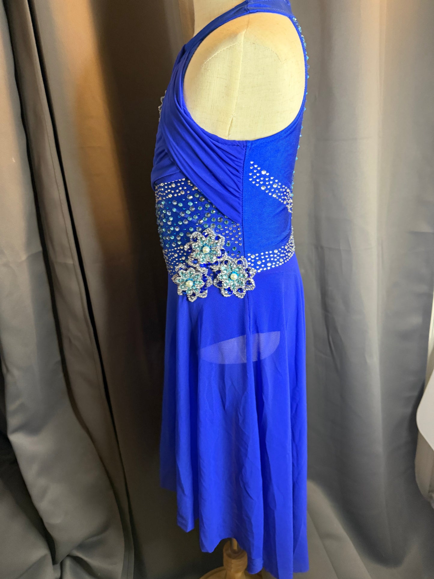 Sapphire Breeze – Royal Blue Lyrical Dance Costume with Teal & Clear Rhinestones Floral Accents and Sheer Chiffon Skirt