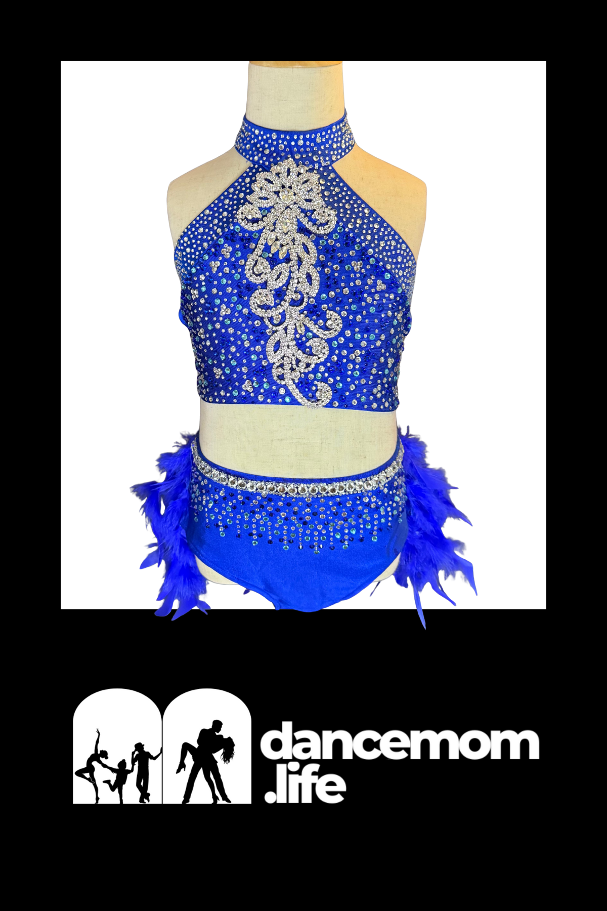 Blue sequined dance leotard with silver beading and feather trim.