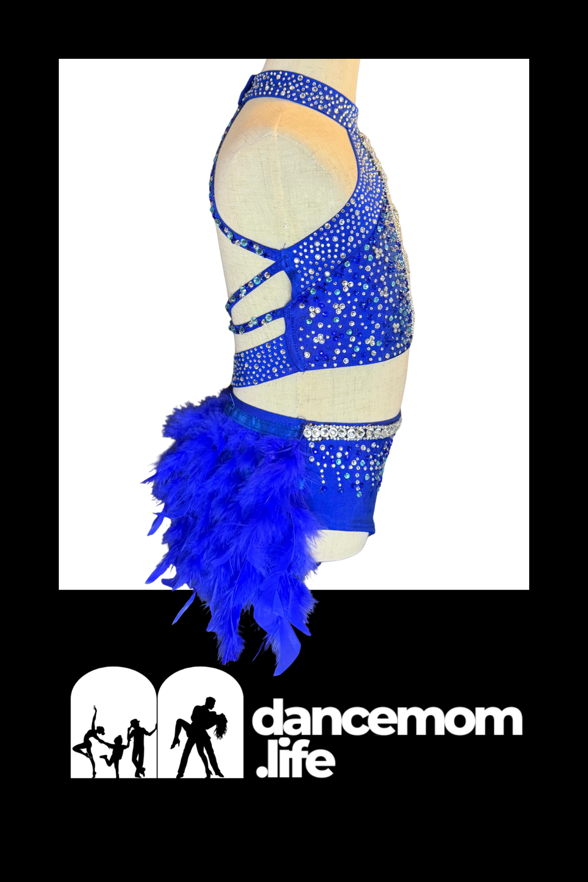 Blue sequined dance leotard with feathered skirt.