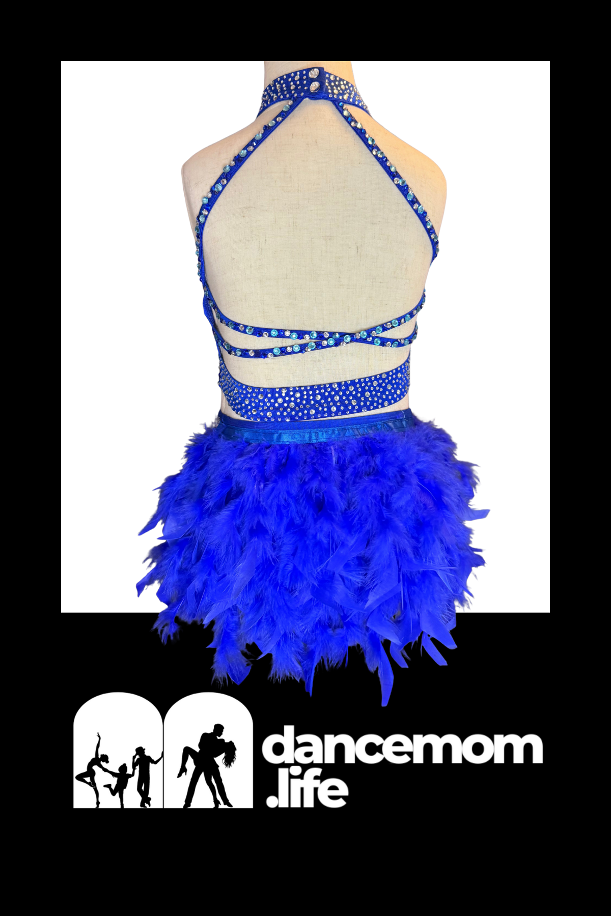 Vibrant royal blue feathered dance skirt with a matching beaded halter top.