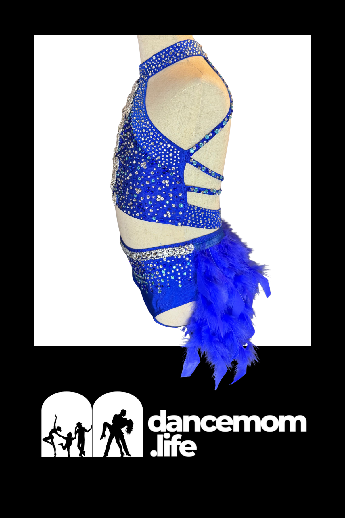 A vibrant royal blue dance leotard adorned with sparkling rhinestones and featuring a feathered hemline.