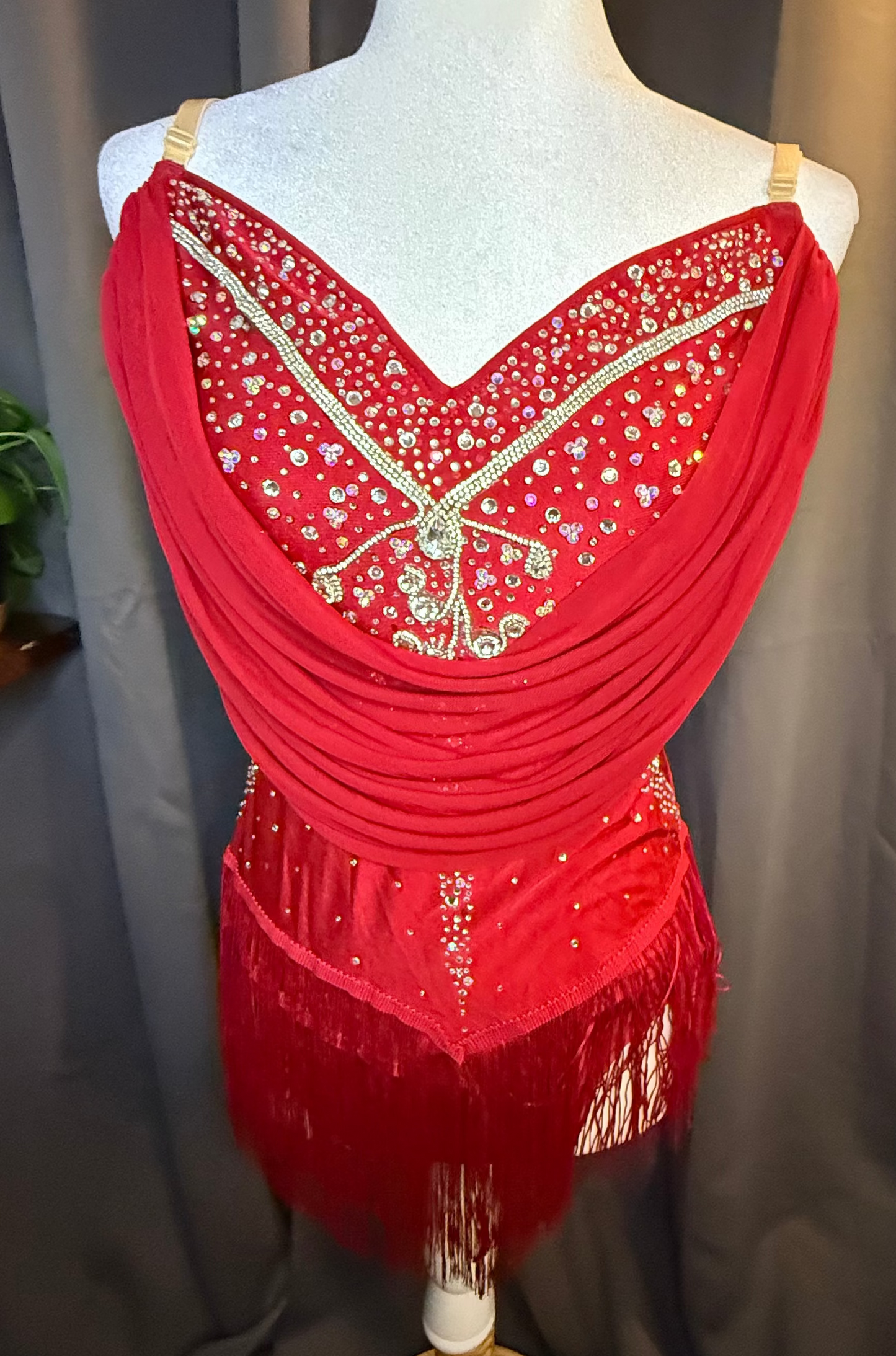 Scarlet Cascade – Red Crystal Lyrical Costume with Flowing Chiffon Drapes (Adult Large)