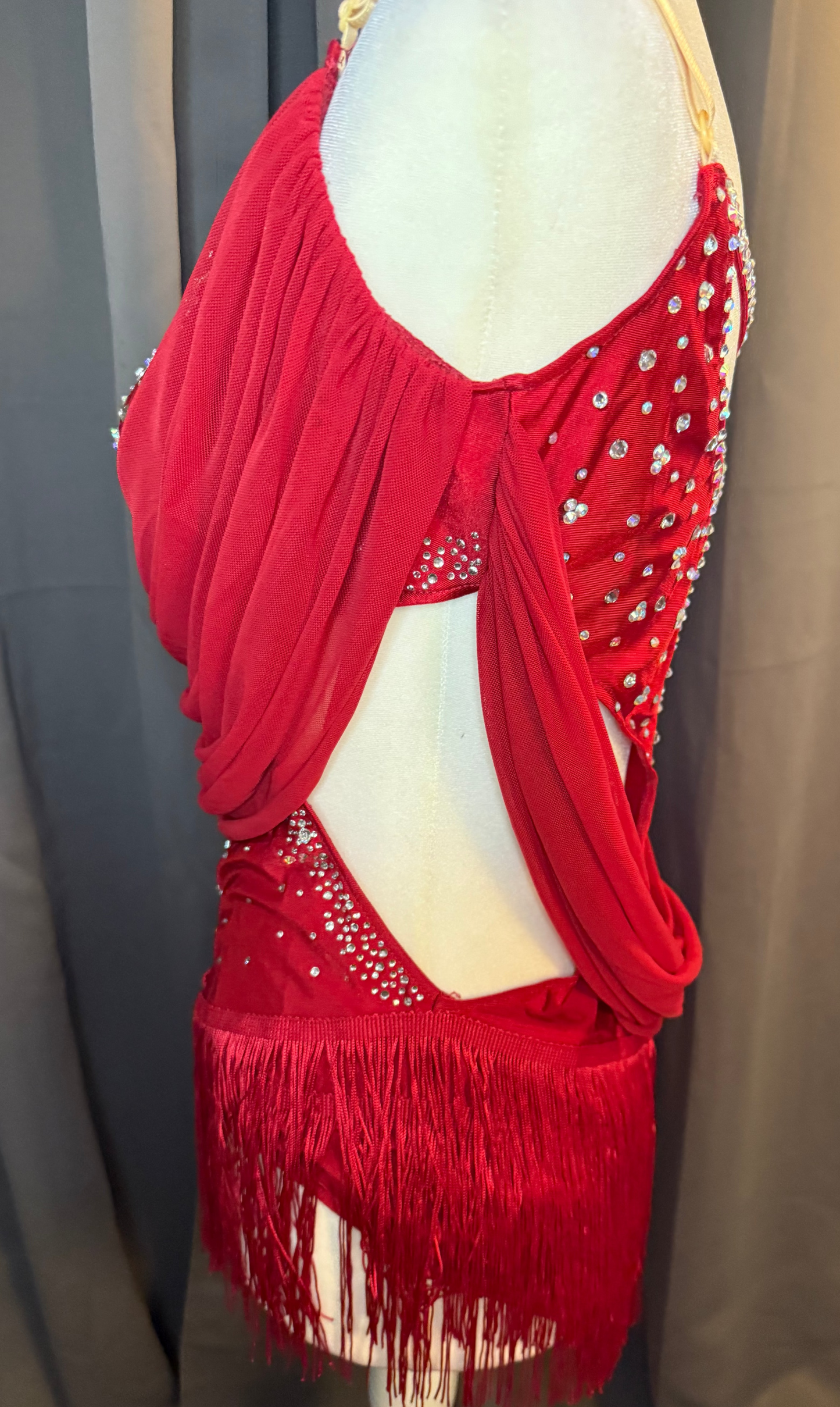 Scarlet Cascade – Red Crystal Lyrical Costume with Flowing Chiffon Drapes (Adult Large)