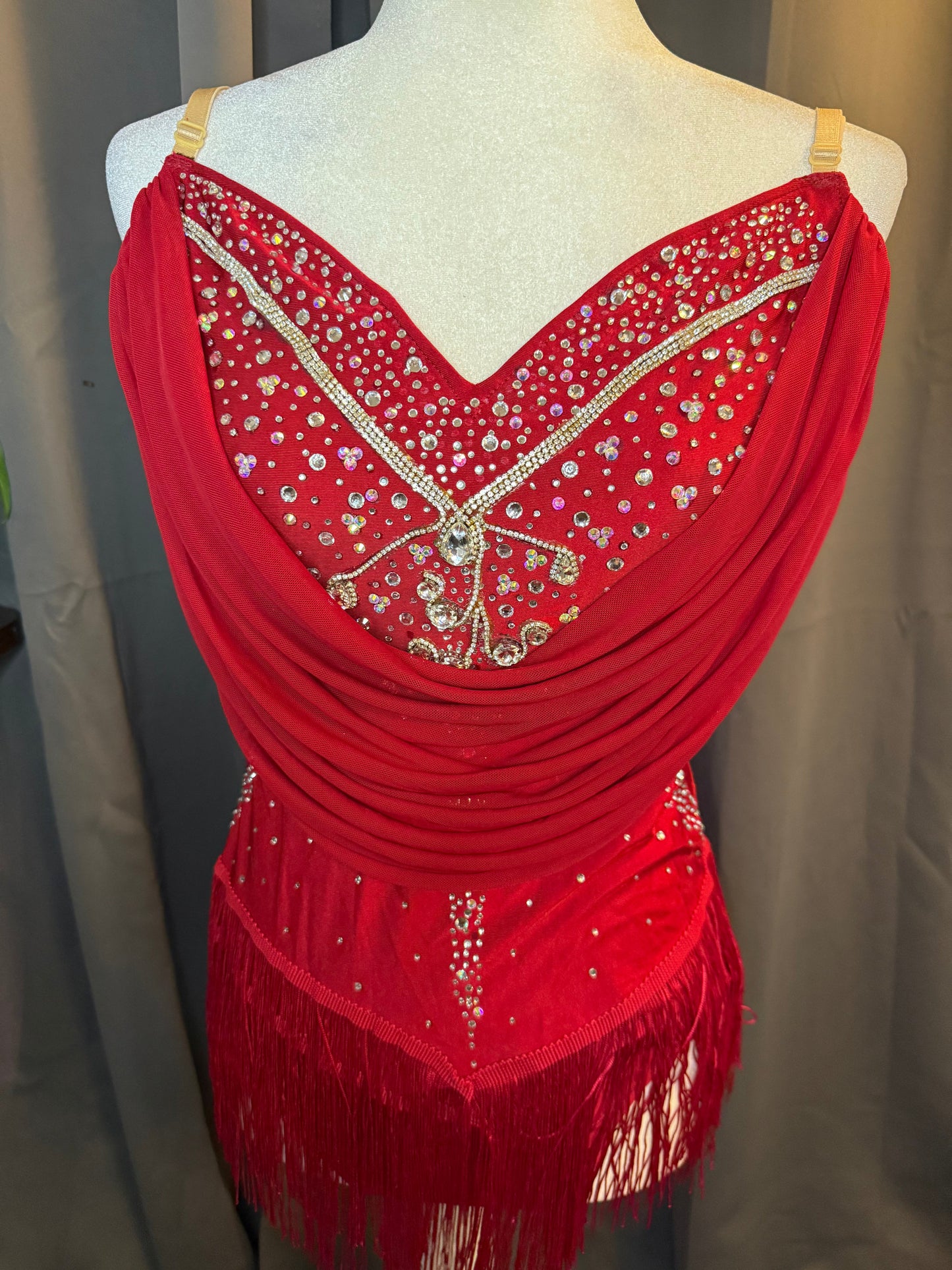 Scarlet Cascade – Red Crystal Lyrical Costume with Flowing Chiffon Drapes (Adult Large)