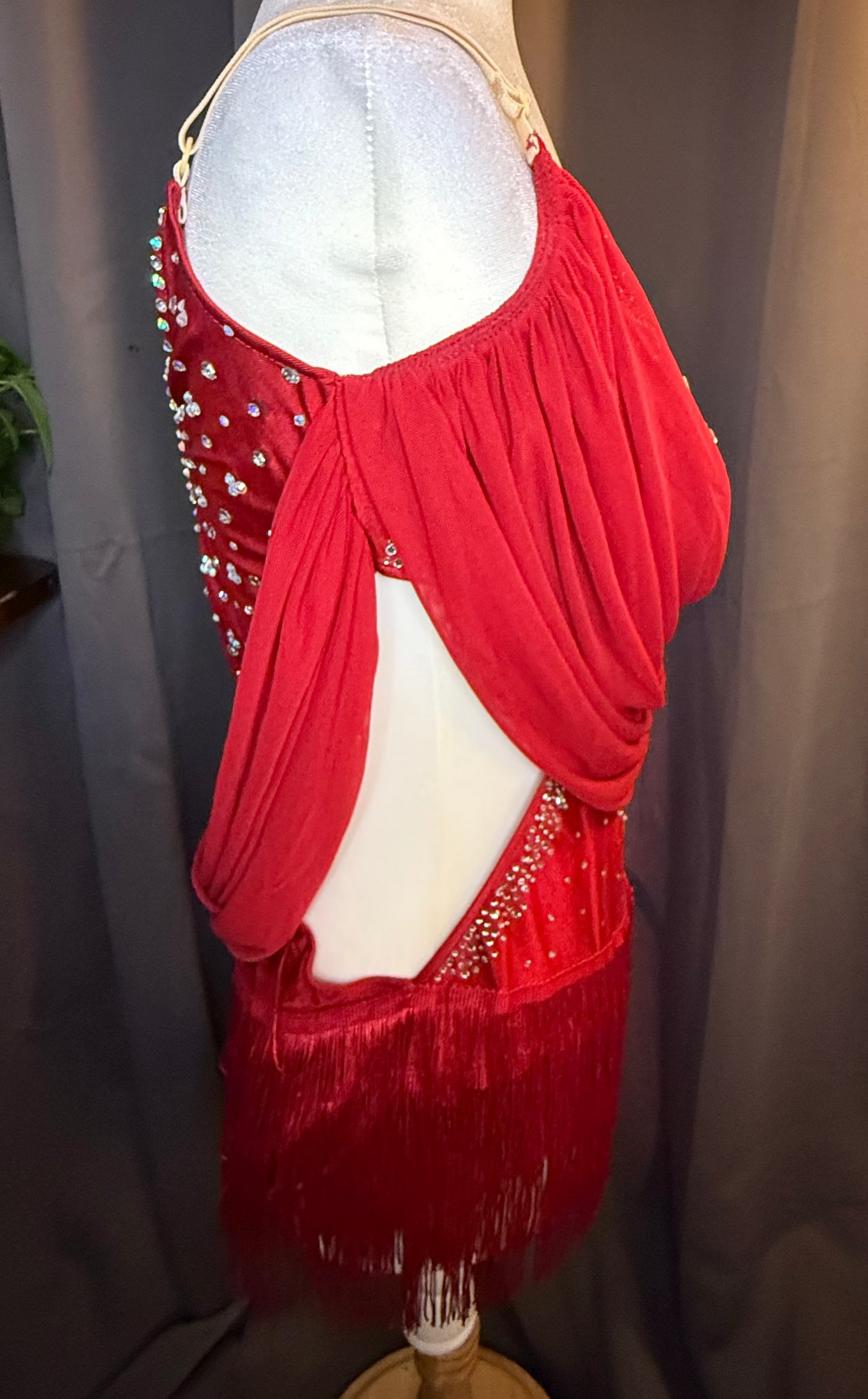 Scarlet Cascade – Red Crystal Lyrical Costume with Flowing Chiffon Drapes (Adult Large)