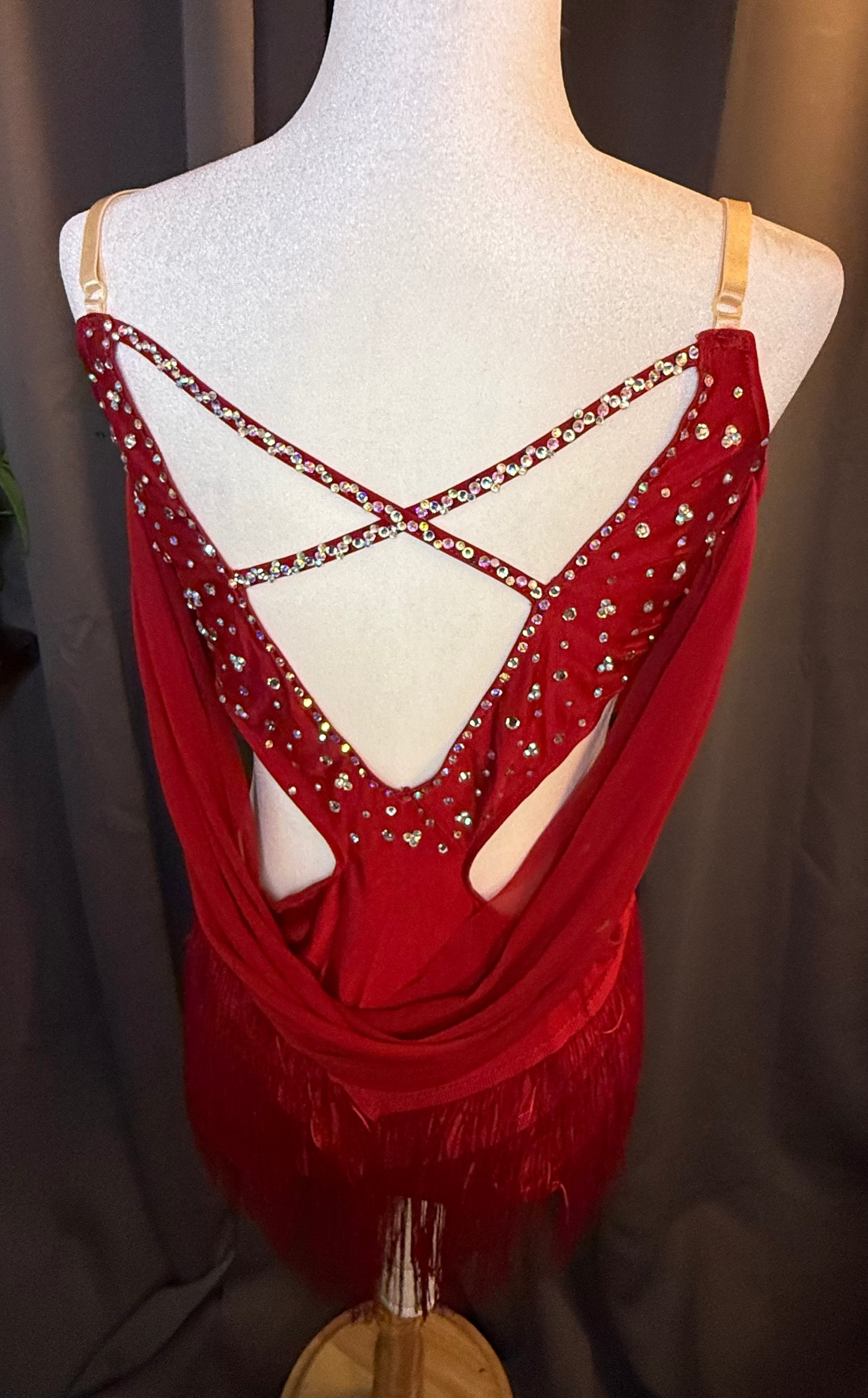 Scarlet Cascade – Red Crystal Lyrical Costume with Flowing Chiffon Drapes (Adult Large)