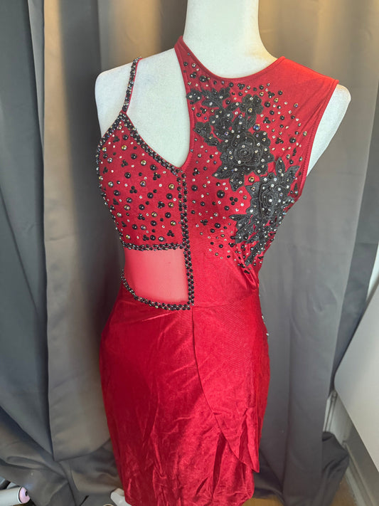 Scarlet Tango - Adult Medium Red. Uneven Hem Costume with Black Rose Appliqués