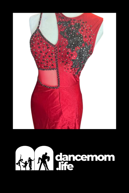 Red satin dance dress with black beaded floral embellishments and a sheer panel.