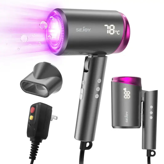 Gray hair dryer with digital display.
