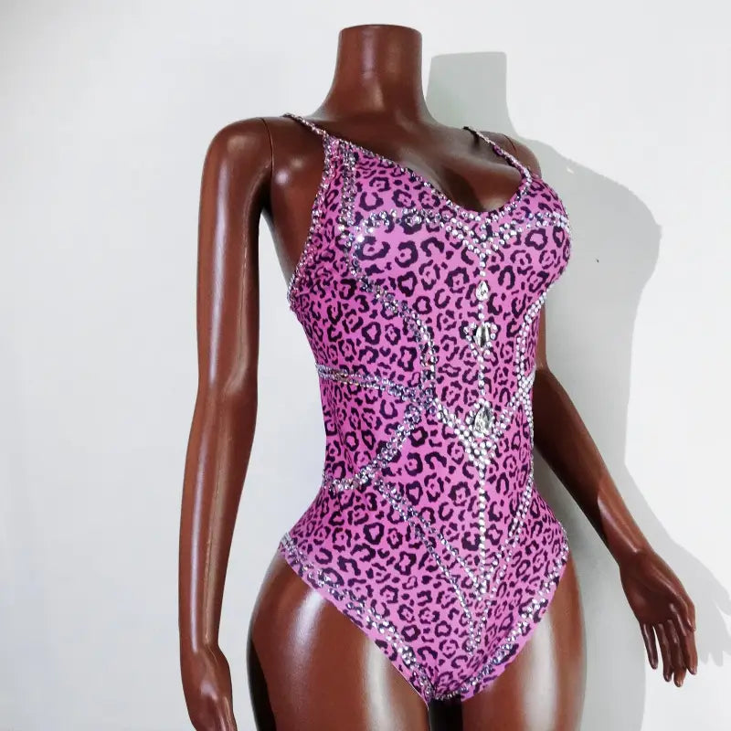 Sexy Pink Leopard Print Rhinestone Jumpsuit – Stretch Bodysuit for Dance Stage Nightclub & Birthday Performances - Pink