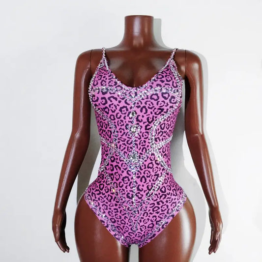 Sexy Pink Leopard Print Rhinestone Jumpsuit – Stretch Bodysuit for Dance Stage Nightclub & Birthday Performances - Pink