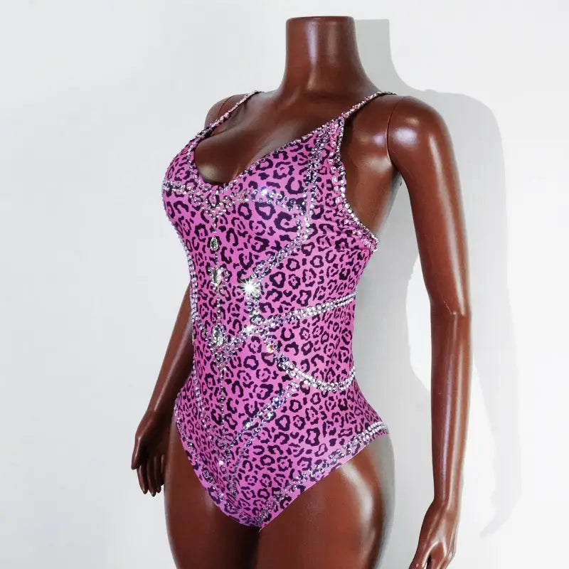 Sexy Pink Leopard Print Rhinestone Jumpsuit – Stretch Bodysuit for Dance Stage Nightclub & Birthday Performances - Pink