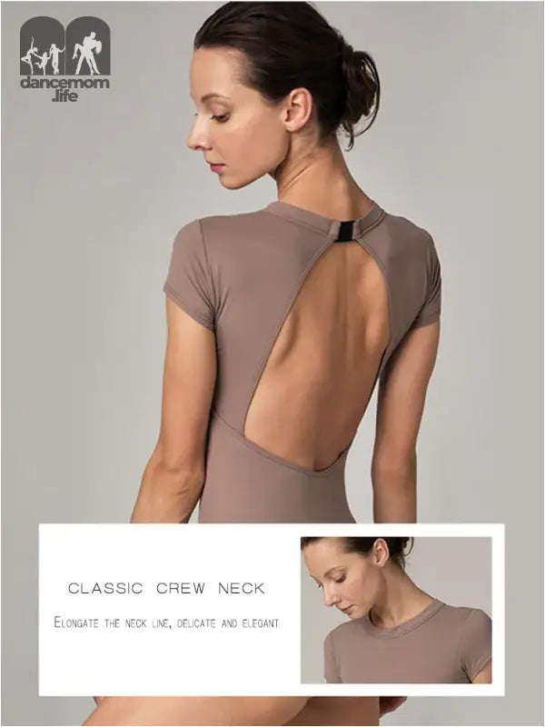 Taupe leotard with an open back design and crew neckline.