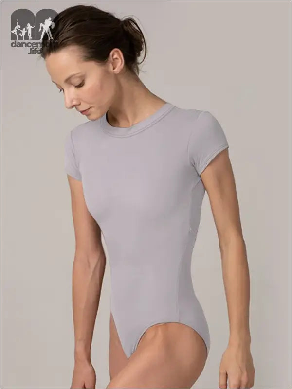 Light gray short-sleeved bodysuit with a round neckline.