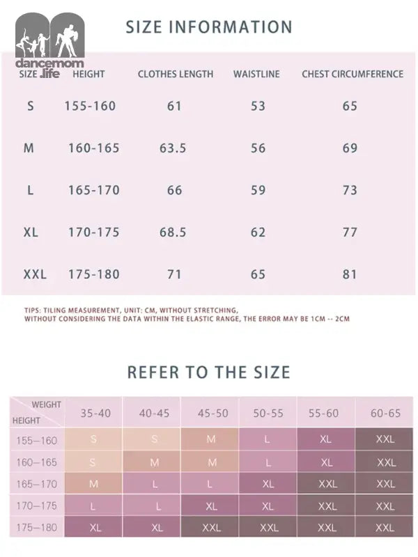 Size chart showing clothing measurements and weight-to-height ratio guidelines.