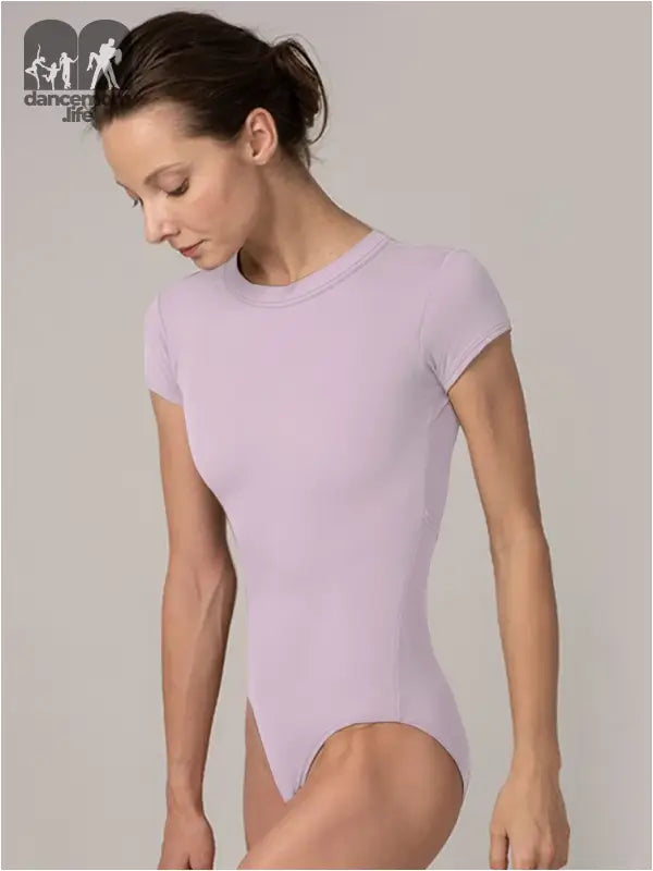 Pale lilac short-sleeved bodysuit with a round neckline.