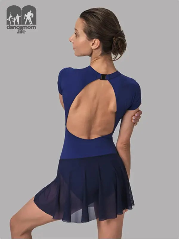 Navy blue dance leotard with an open back design and attached chiffon skirt.